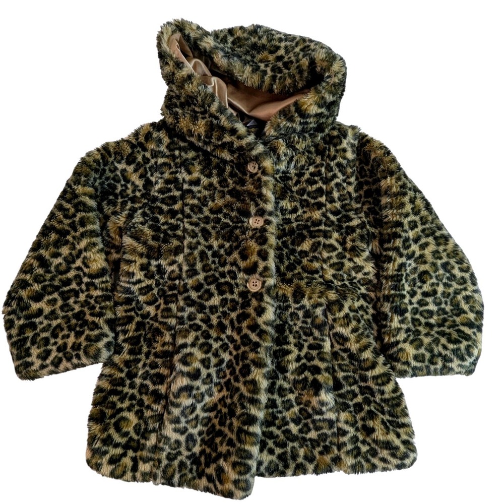 OshKosh B'gosh Girls Faux Fur Leopard Print‎ Hooded Coat Jacket Brown Size 6X